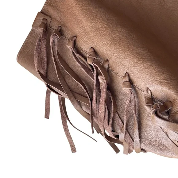 Camel Brown Fringe Leather Tote Bag Oversized Slouchy Boho Hobo Neutral - Picture 6 of 17